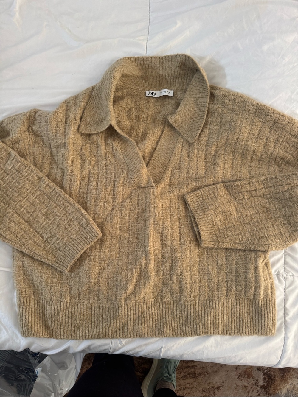 Zara Tan Collared V-Neck Knit Sweater